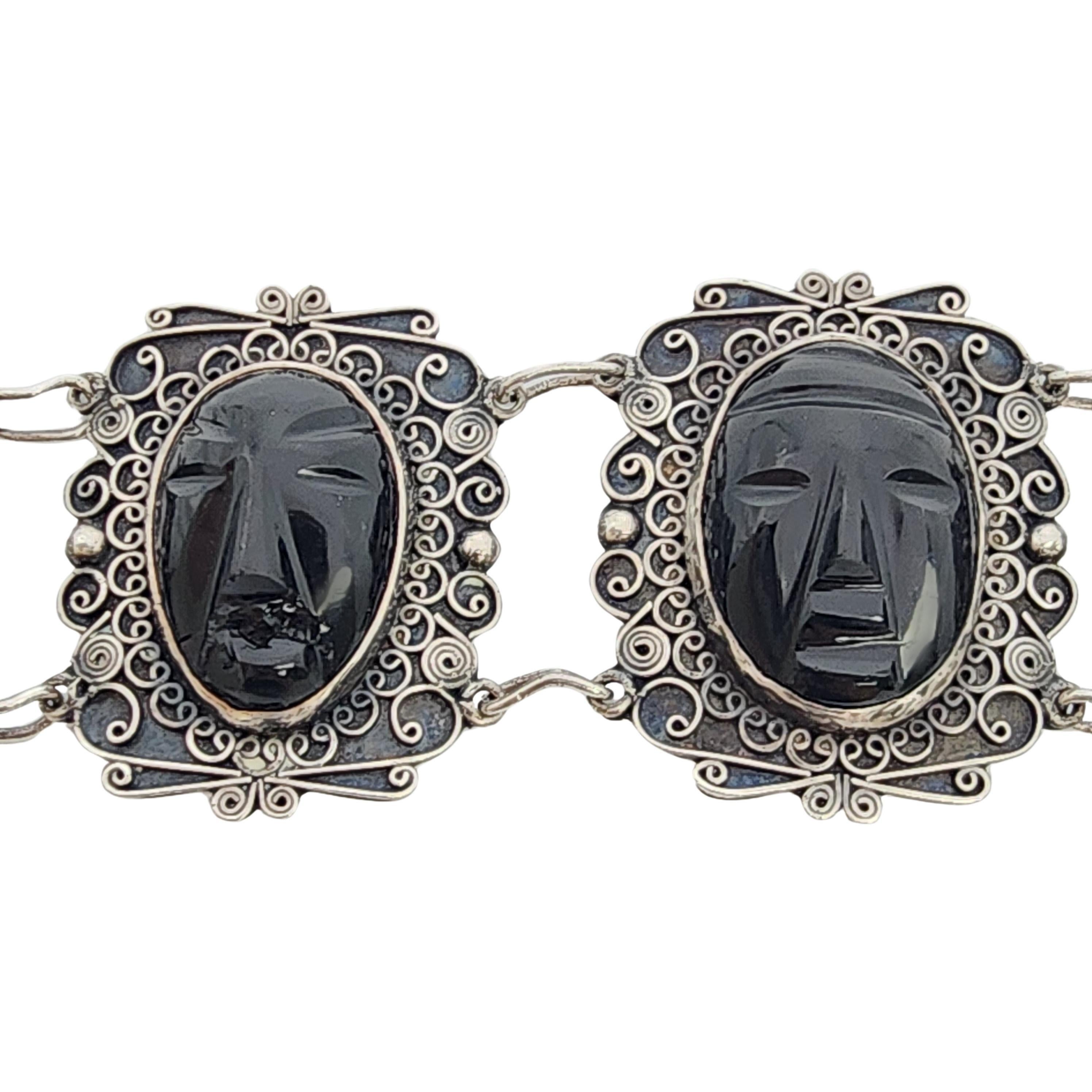 Women's Sterling Silver Black Onyx Carved Face Filigree Link Bracelet #17684 For Sale