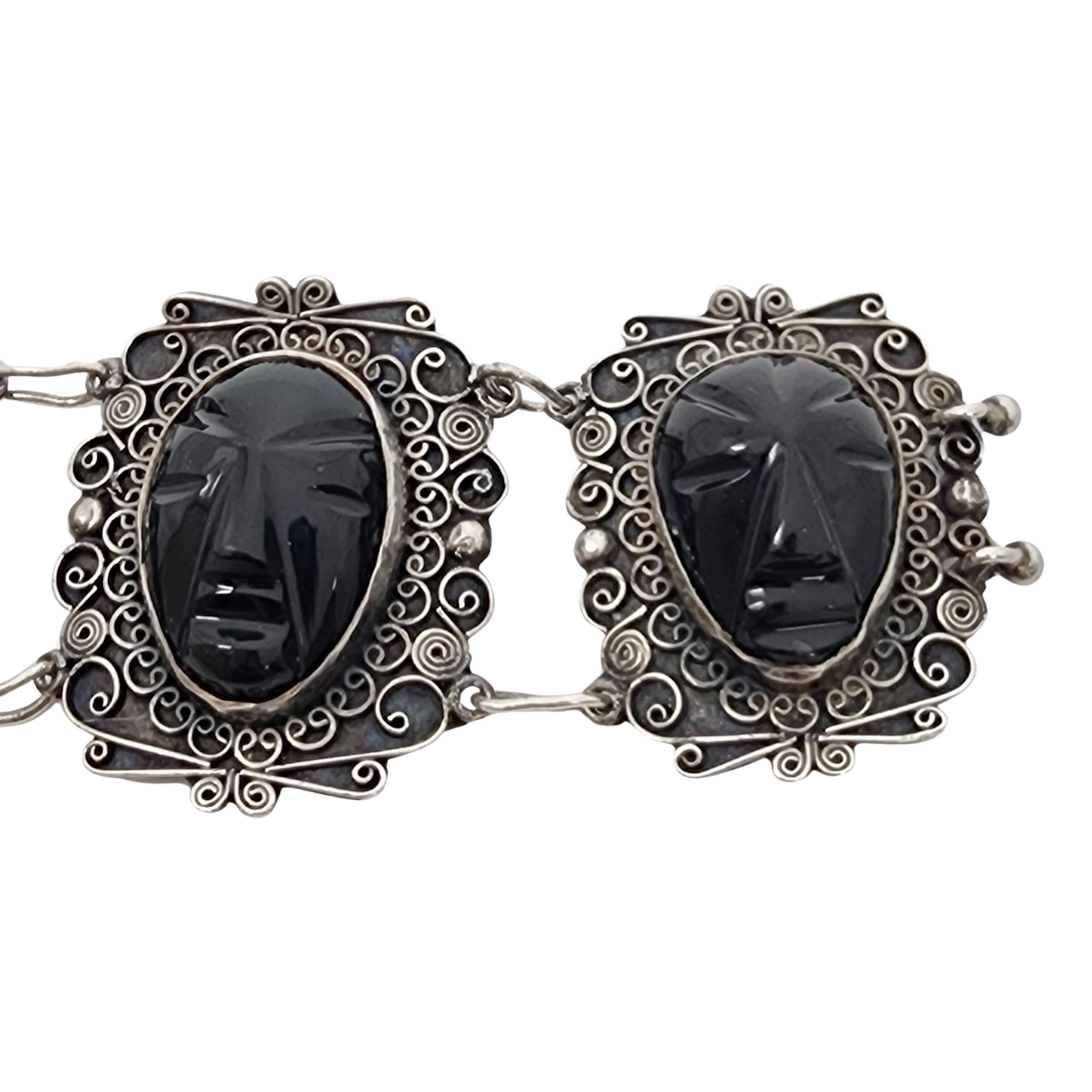 Sterling Silver Black Onyx Carved Face Filigree Link Bracelet #17684 For Sale 1