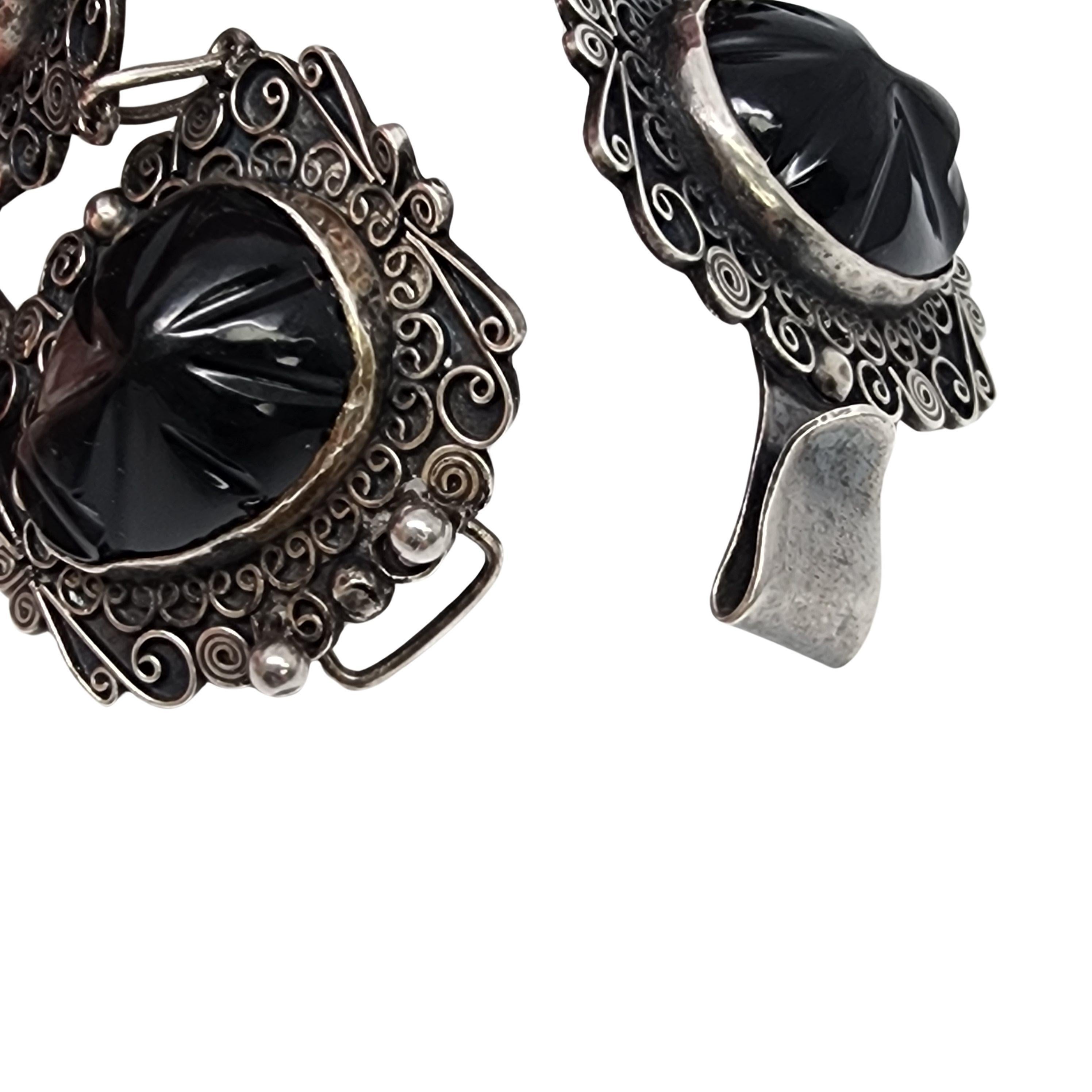 Sterling Silver Black Onyx Carved Face Filigree Link Bracelet #17684 For Sale 2