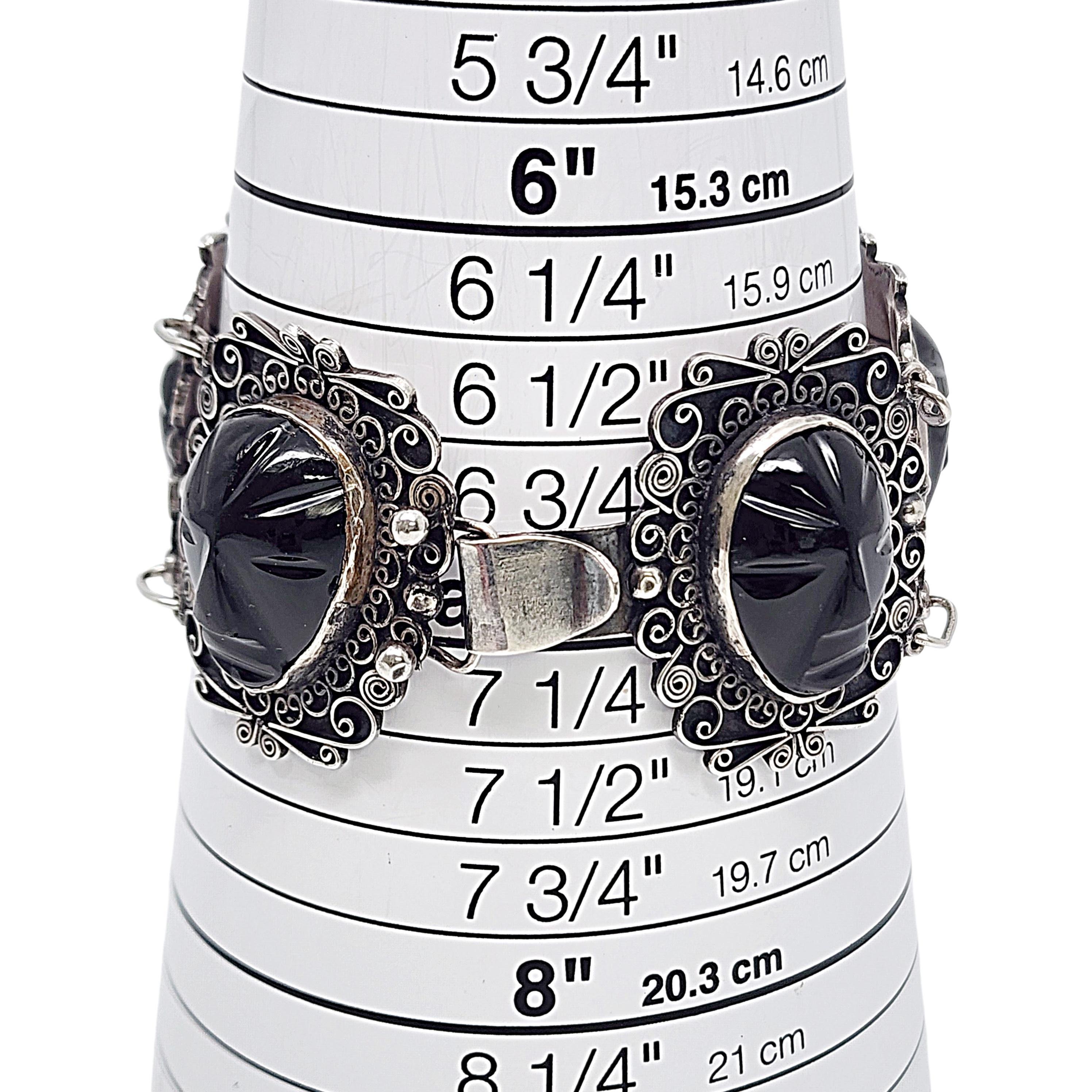 Sterling Silver Black Onyx Carved Face Filigree Link Bracelet #17684 For Sale 4
