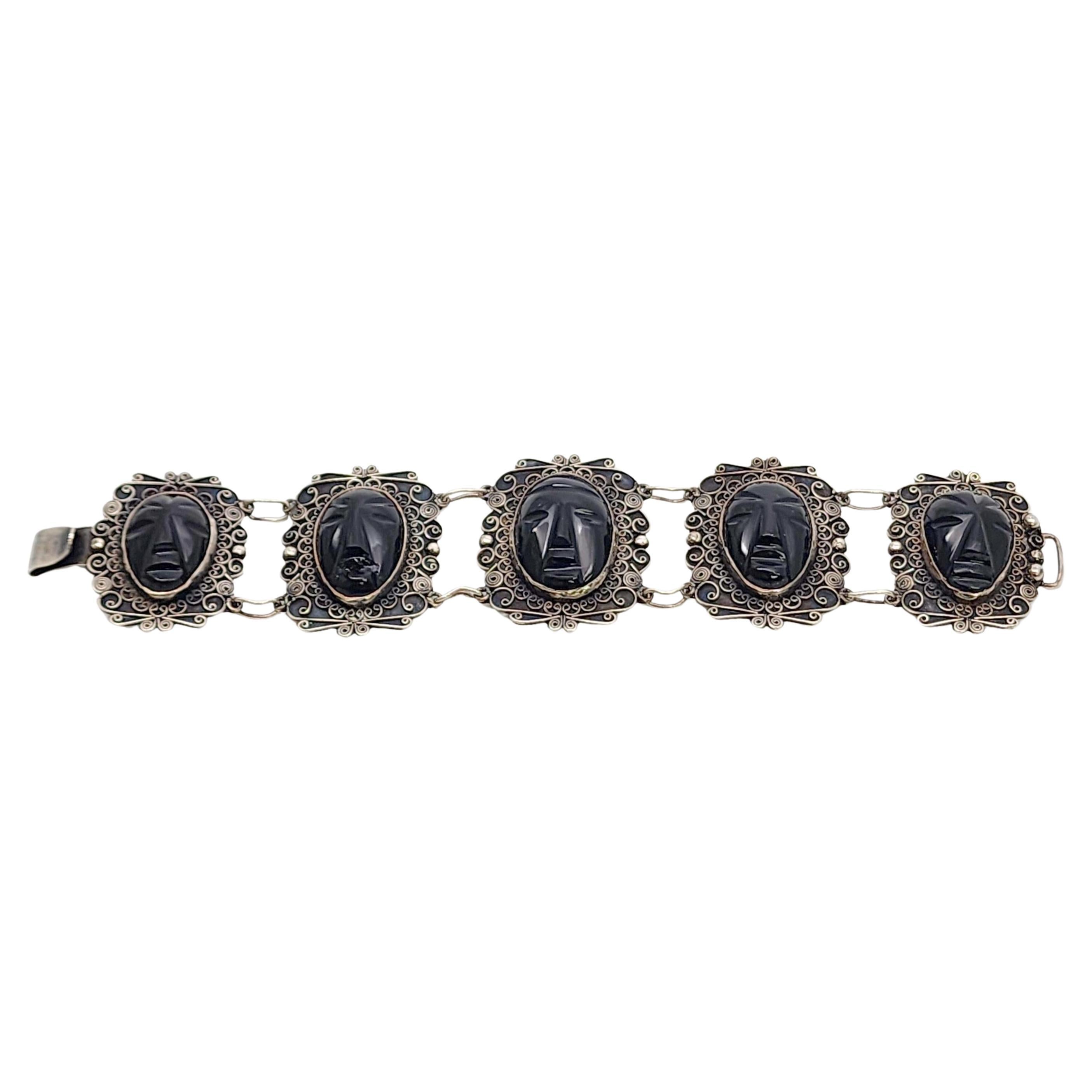 Sterling Silver Black Onyx Carved Face Filigree Link Bracelet #17684 For Sale