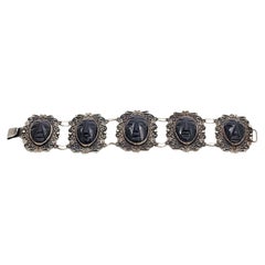 Sterling Silver Black Onyx Carved Face Filigree Link Bracelet #17684