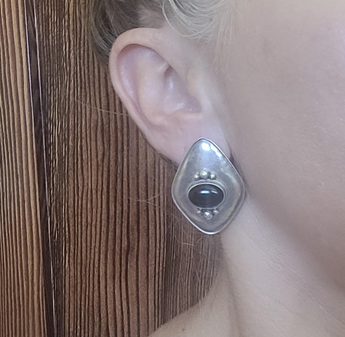 Modern Sterling Silver Black Onyx Earrings, 39mm x 28mm, 10.5 gr, Designer, Friction For Sale