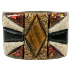 Tigerauge-Ring aus Sterlingsilber mit schwarzem Onyx und Feueropal von C. Begay