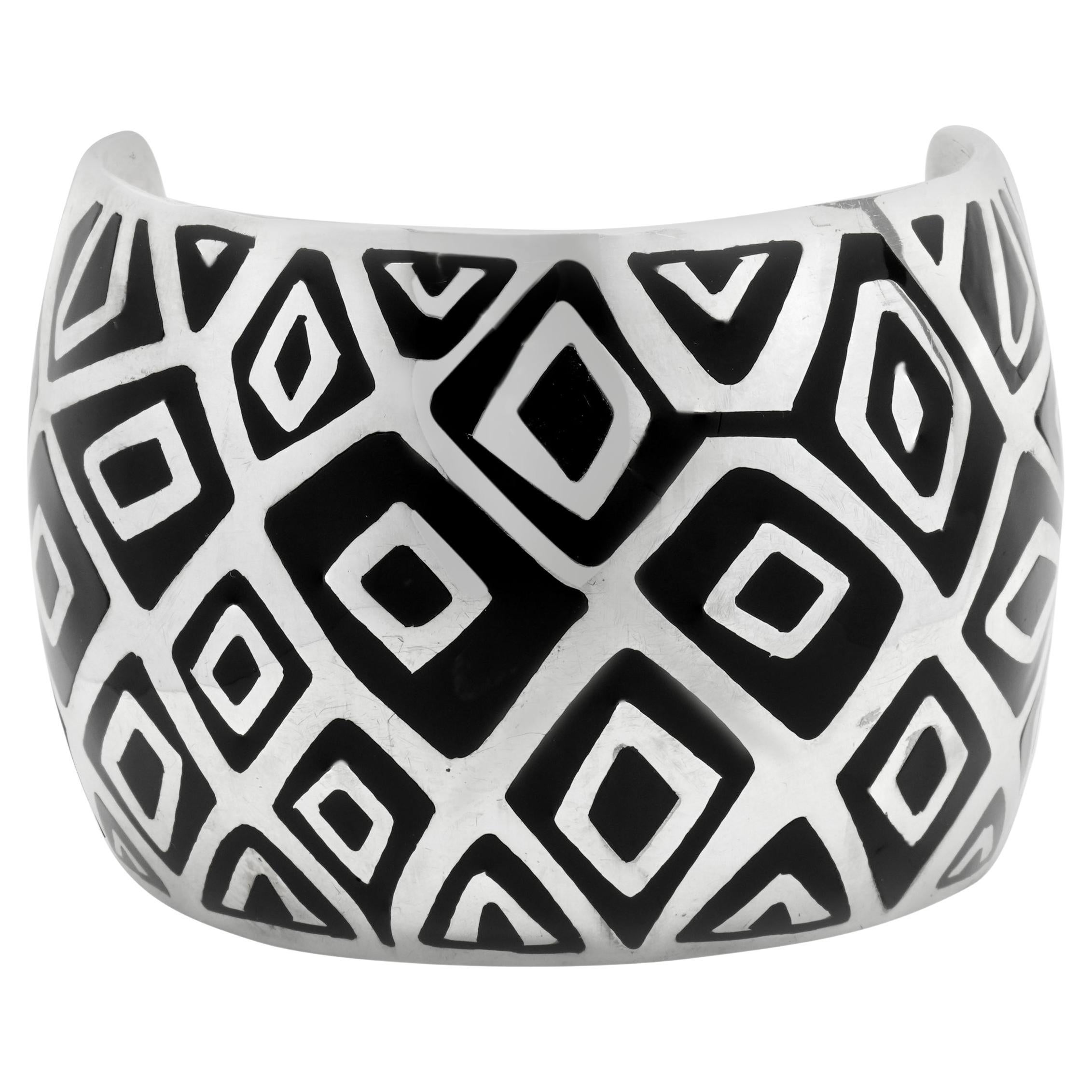 Sterling Silver Black Onyx Wide Geometric Cuff Bracelet