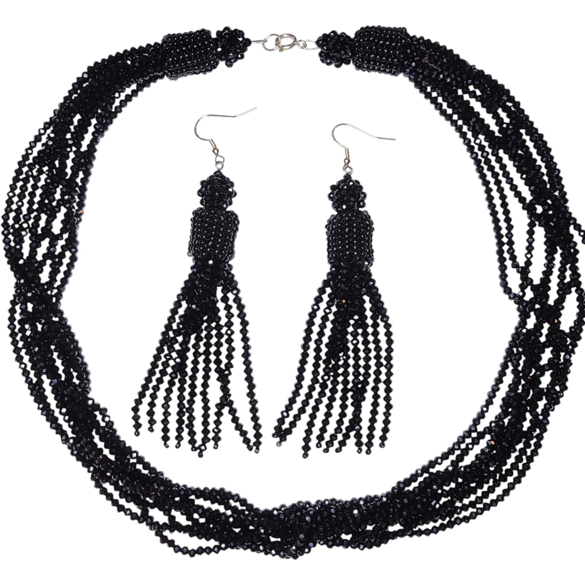 Sterling Silver Black Spinel Beaded Tassel Necklace and Earring Set For Sale
