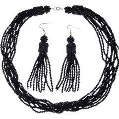 Sterling Silver Black Spinel Beaded Tassel Necklace and Earring Set