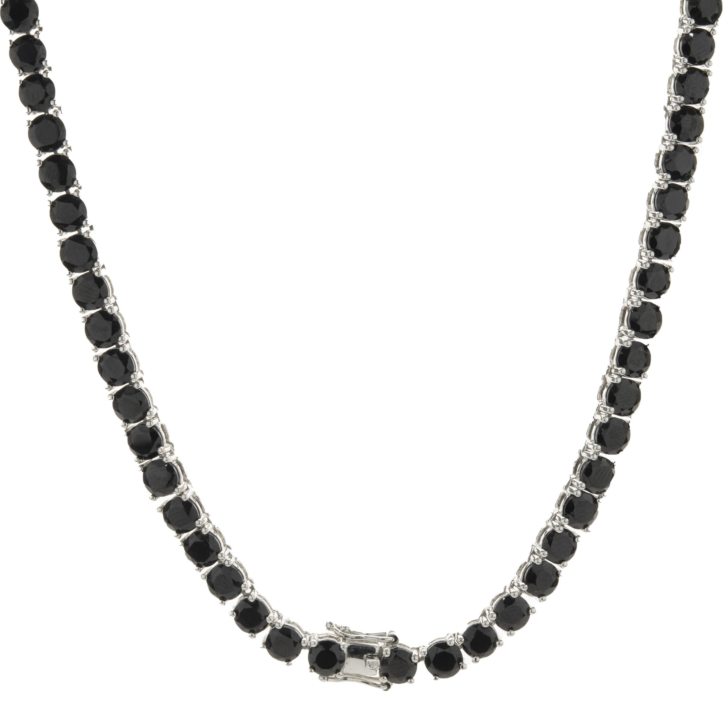 Round Cut Sterling Silver Black Spinel Tennis Necklace For Sale