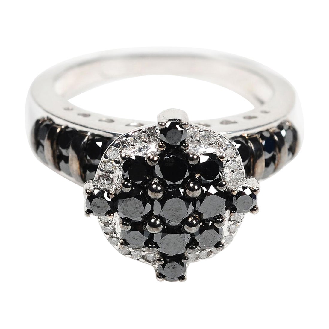 Sterling Silver Black & White Diamond Cluster Halo Statement Ring For Sale