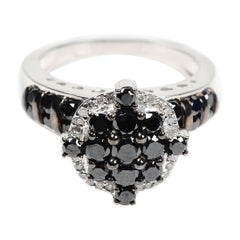 Sterling Silver Black & White Diamond Cluster Halo Statement Ring