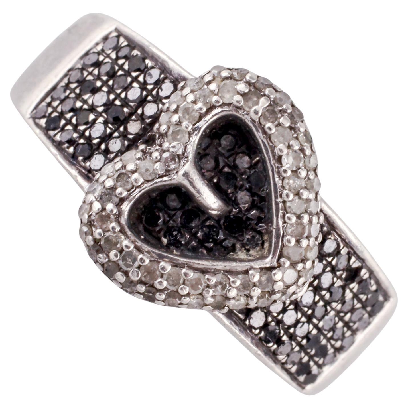 Sterling Silver Black & White Diamonds Heart Ring, Size 8.75