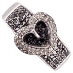 Anello a cuore in argento sterling con diamanti bianchi e neri, misura 8,75