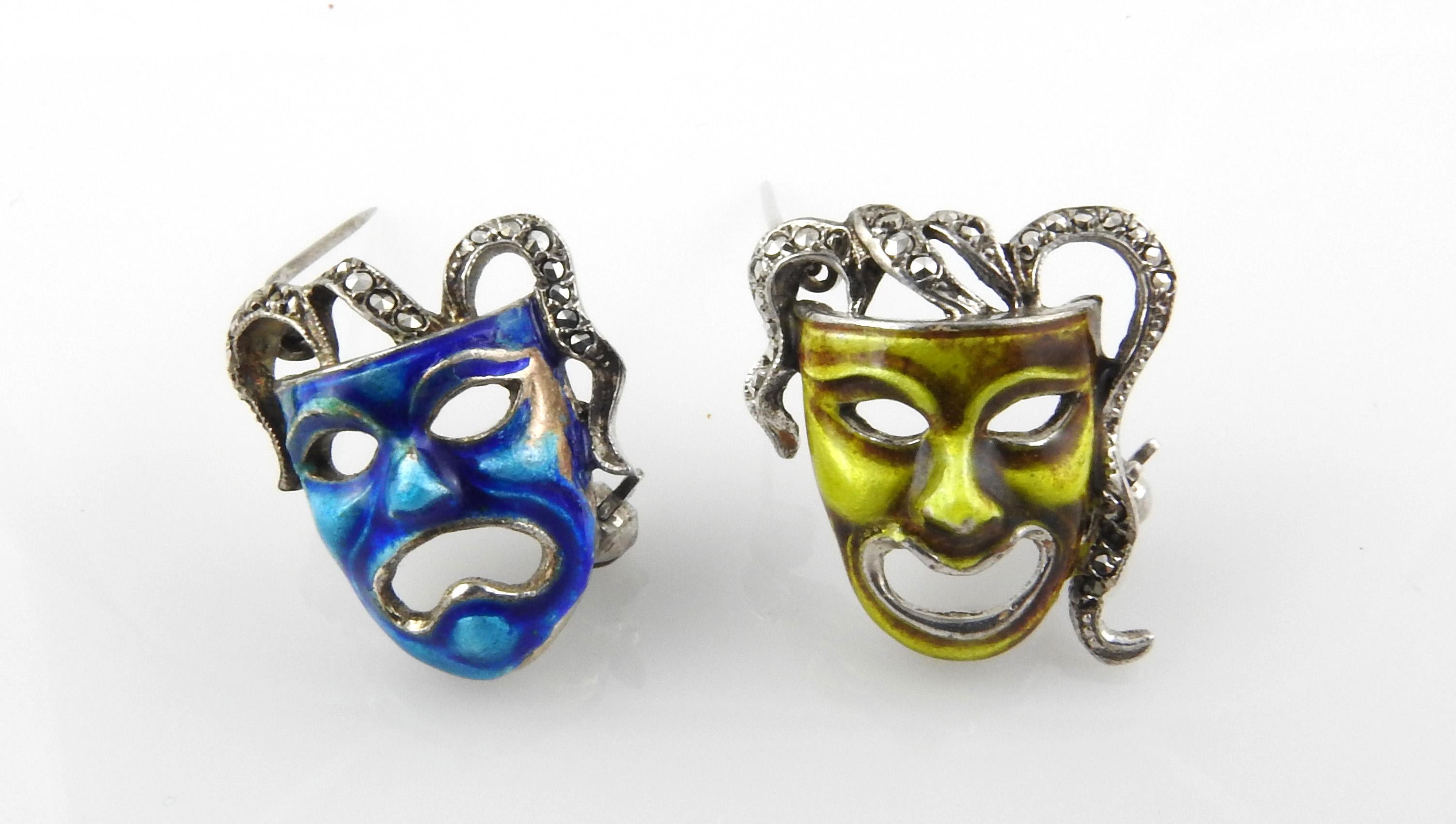 Sterling Silver Blue and Green Enamel Marcasite Comedy/Tragedy Mask Pins 1
