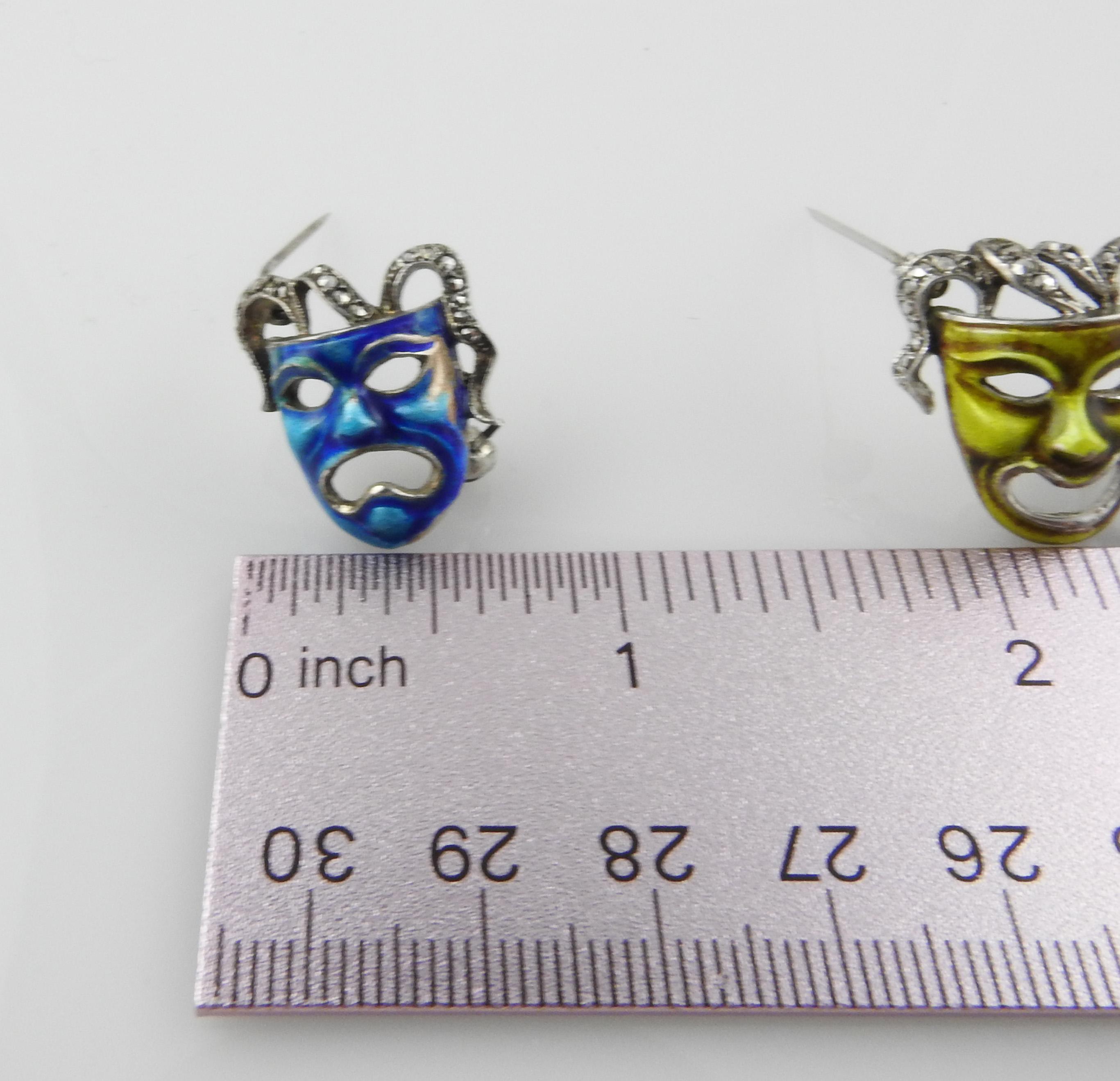 Sterling Silver Blue and Green Enamel Marcasite Comedy/Tragedy Mask Pins 2