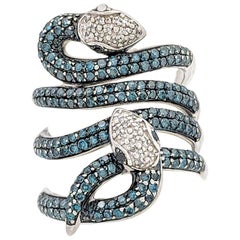 Sterling Silver Blue, Black, and White Diamond Snake Ring