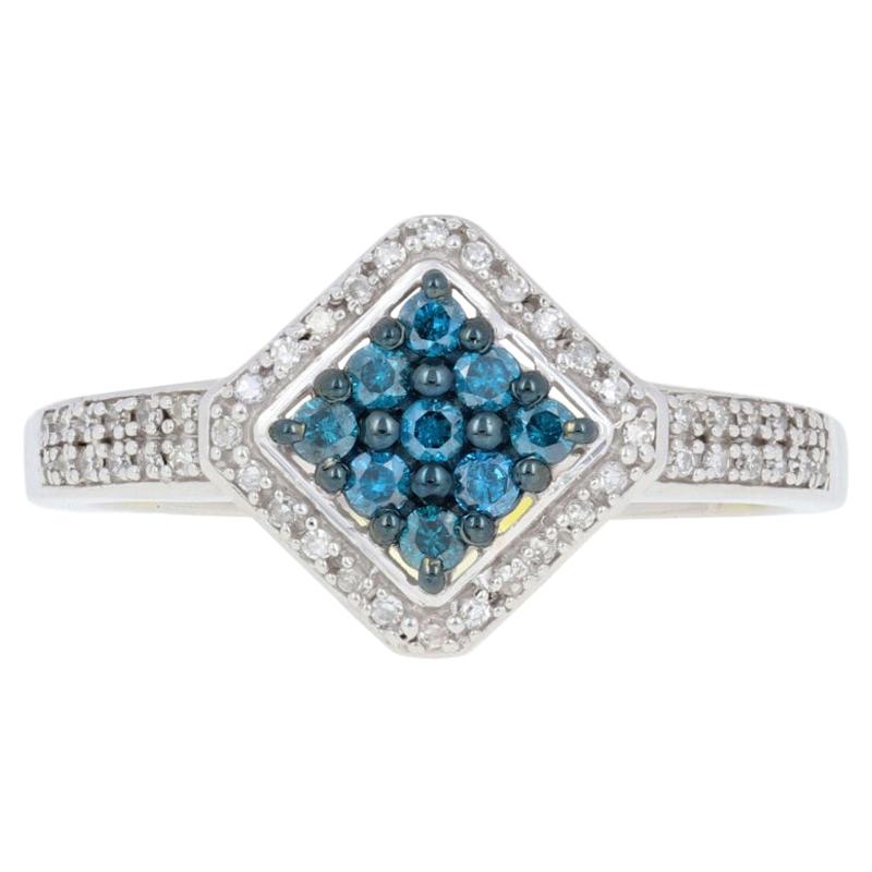 For Sale:  Sterling Silver Blue Diamond Ring, 925 Round Brilliant Cut .33ctw Cluster Halo