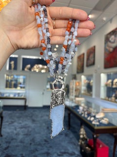 Sterling Silver Blue Druzy Necklace with Chalcedony, Iolite, Carnelian and Pearl