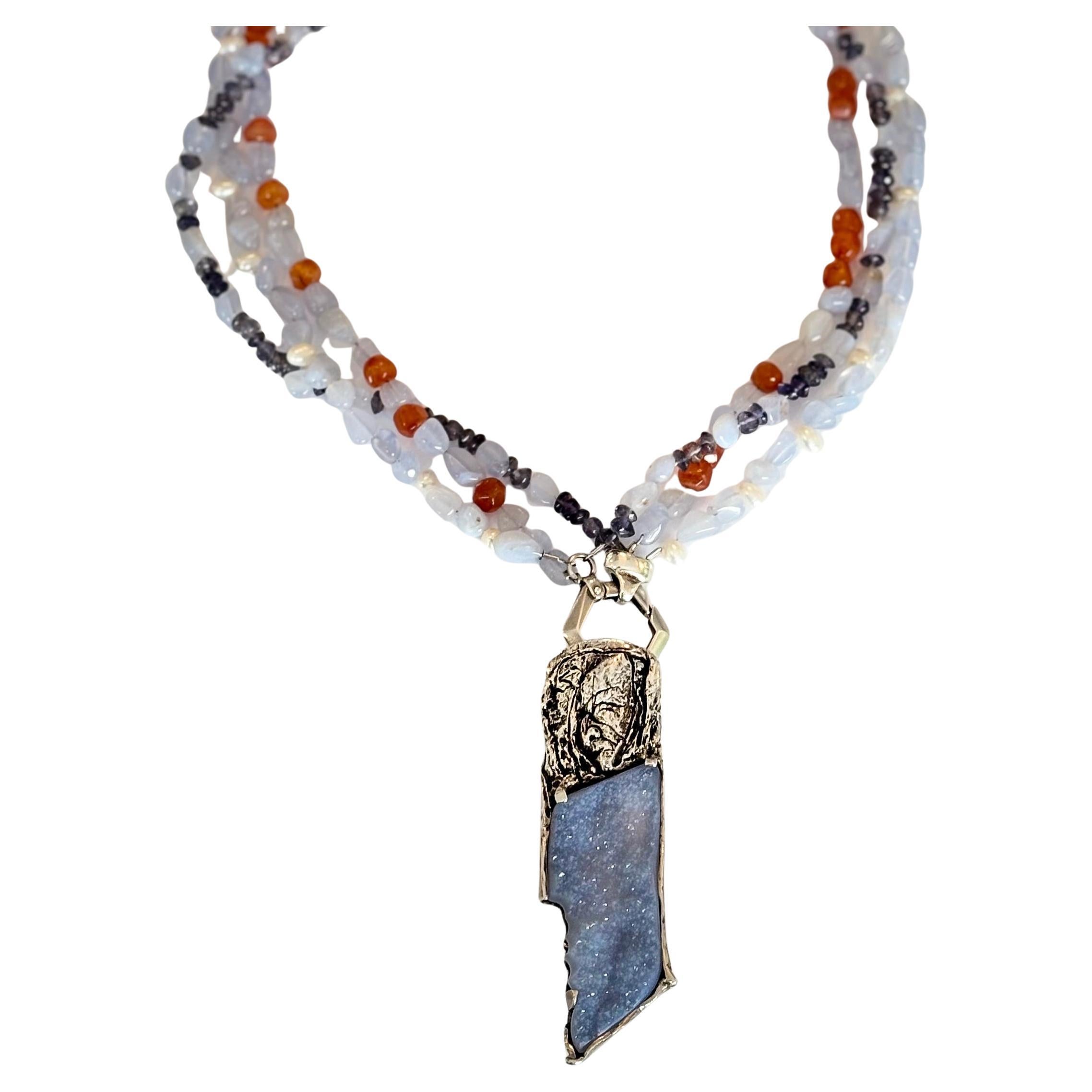 Sterling Silver Blue Druzy Necklace with Chalcedony, Iolite, Carnelian and Pearl For Sale