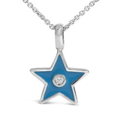 Sterling Silver Blue Enamel and Diamond Accent Star Pendant Necklace