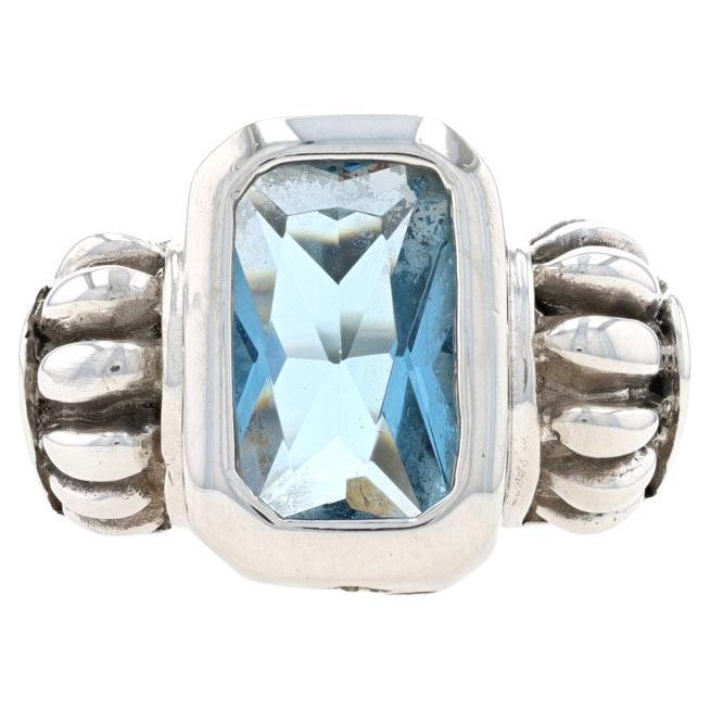 Sterling Silver Blue Glass Cocktail Solitaire Ring - 925 Radiant Cut For Sale