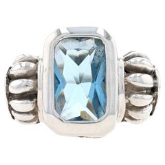 Sterling Silver Blue Glass Cocktail Solitaire Ring - 925 Radiant Cut