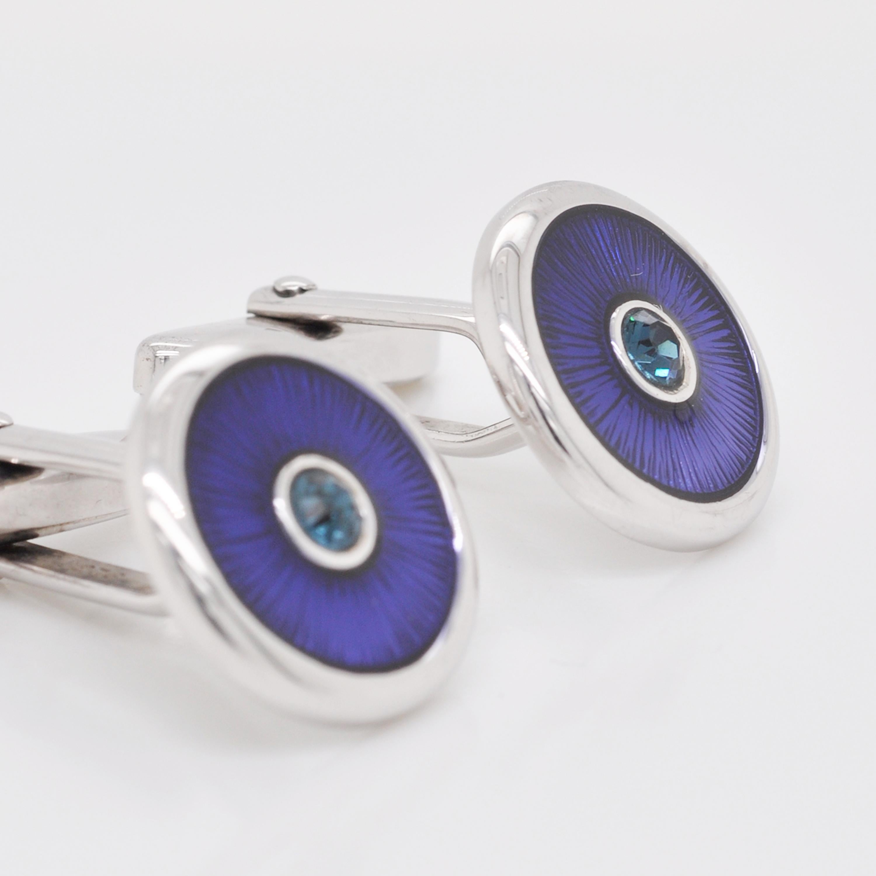 Contemporary Sterling Silver Blue Guilloché Enamel Round Cufflinks For Sale