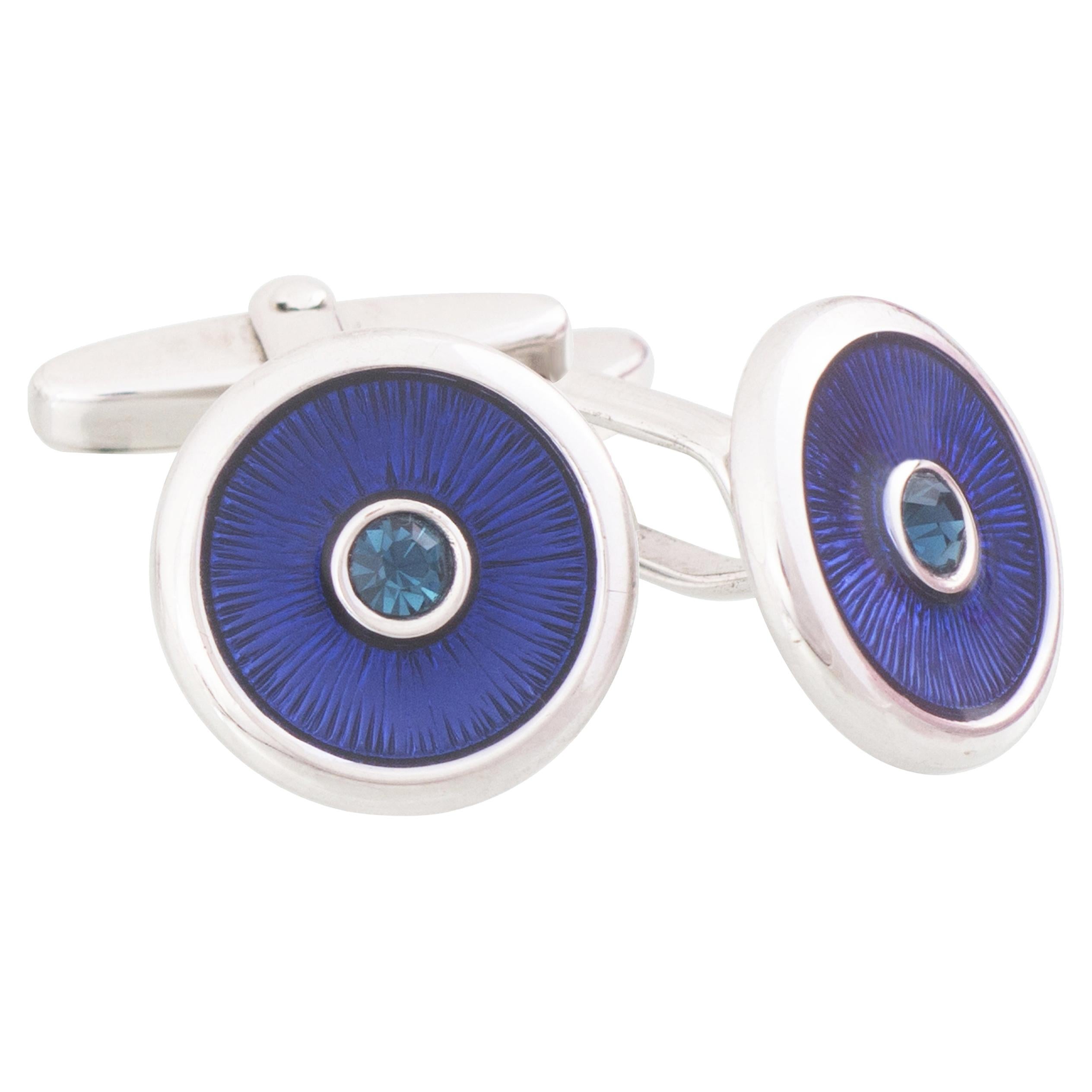 Sterling Silver Blue Guilloché Enamel Round Cufflinks For Sale