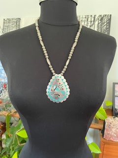 Sterling Silver Blue Jay Coral & Turquoise Pendent Necklace Zuni Native American