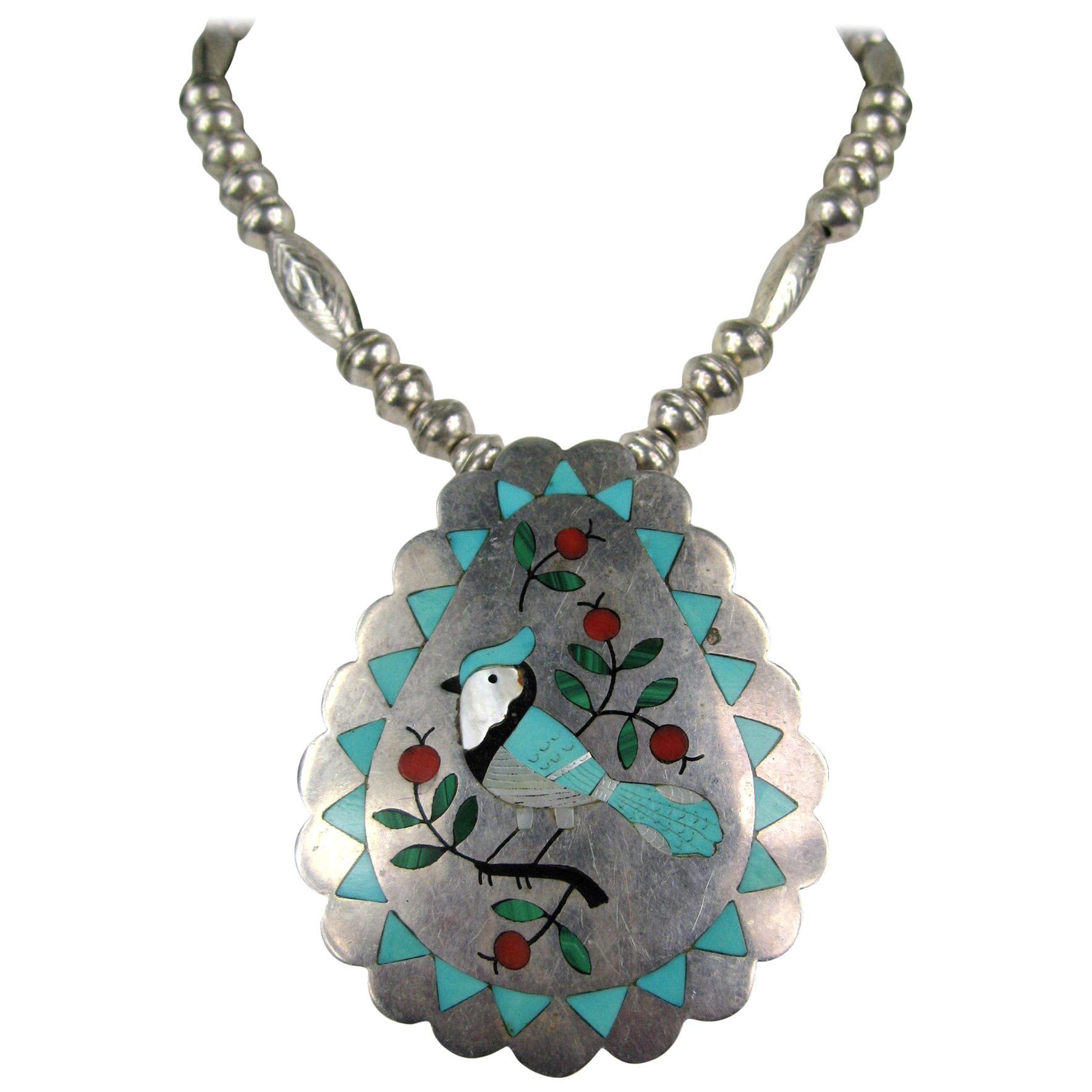 Sterling Silver Blue Jay Coral & Turquoise Pendent Necklace Zuni Native American For Sale