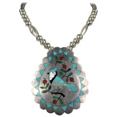 Used Sterling Silver Blue Jay Coral & Turquoise Pendent Necklace Zuni Native American