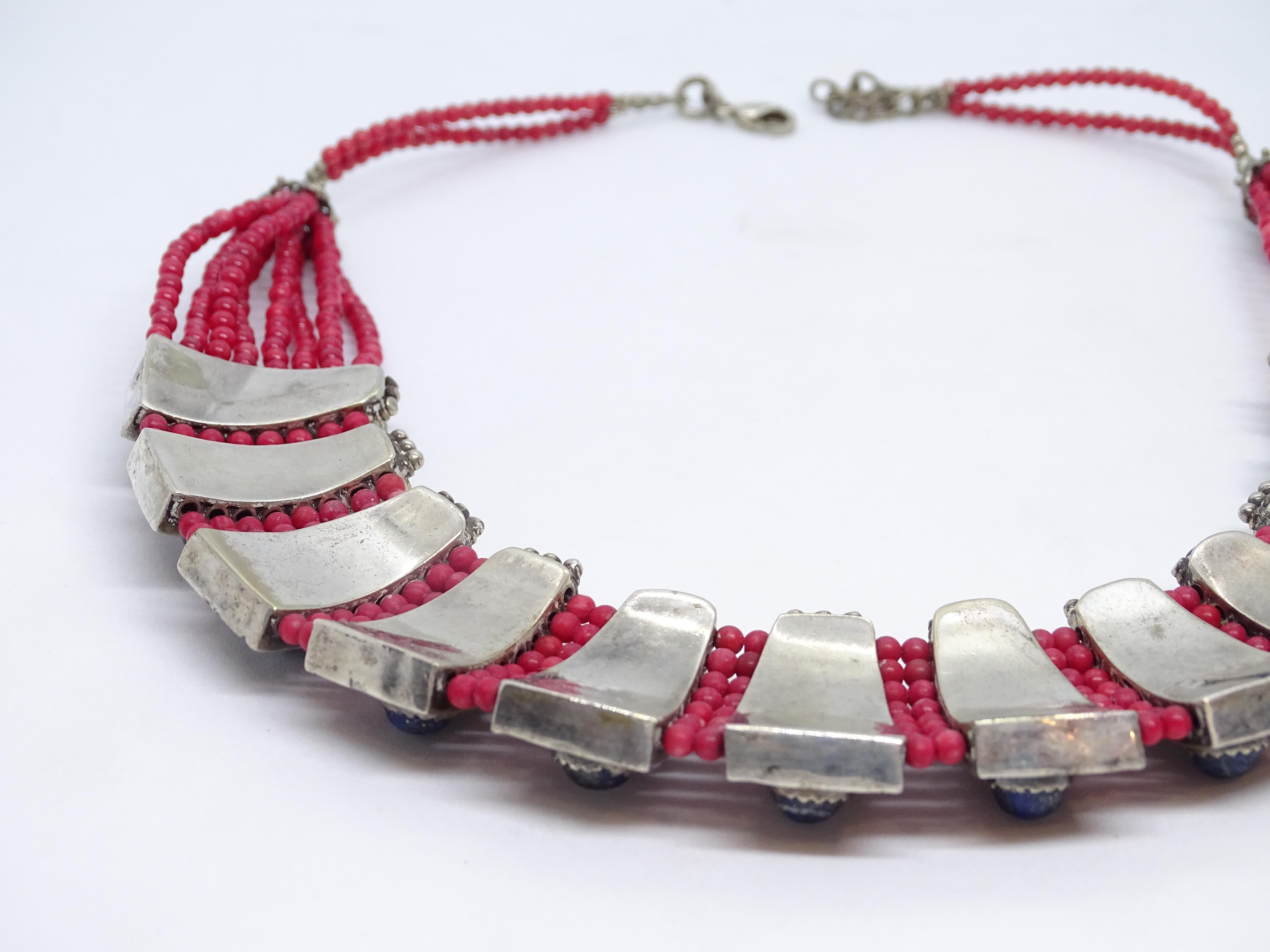 Sterling silver Blue Red Necklace, with Italian coral and lapis lazuli cabochons For Sale 7