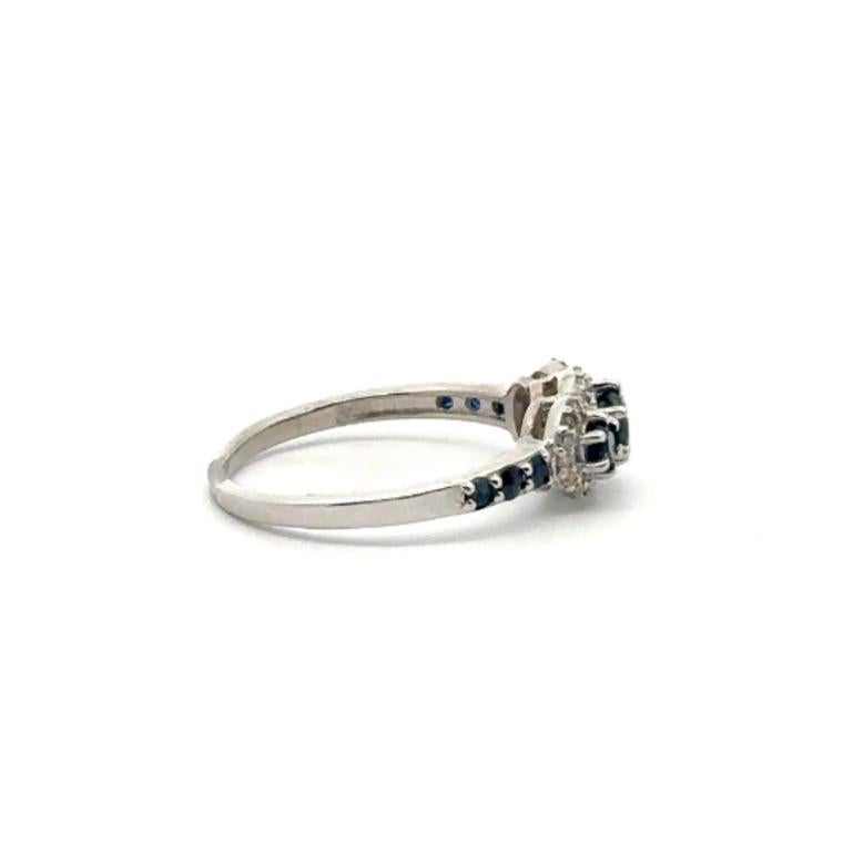 Sterling Silver Blue Sapphire Three Stone Diamond Halo Engagement Ring 7
