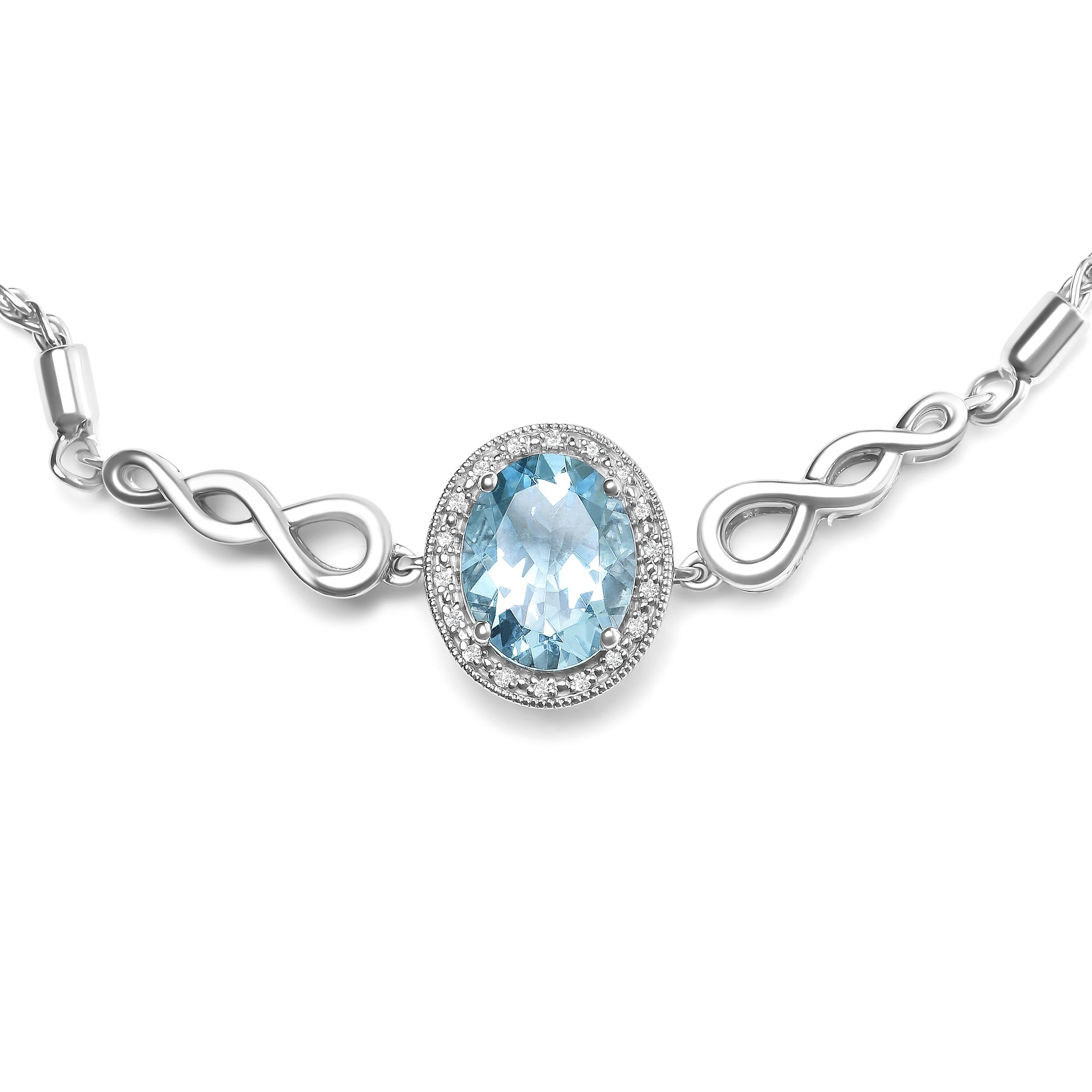 Modern Sterling Silver Blue Topaz and Diamond Accent Lariat Adjustable Bolo Bracelet For Sale
