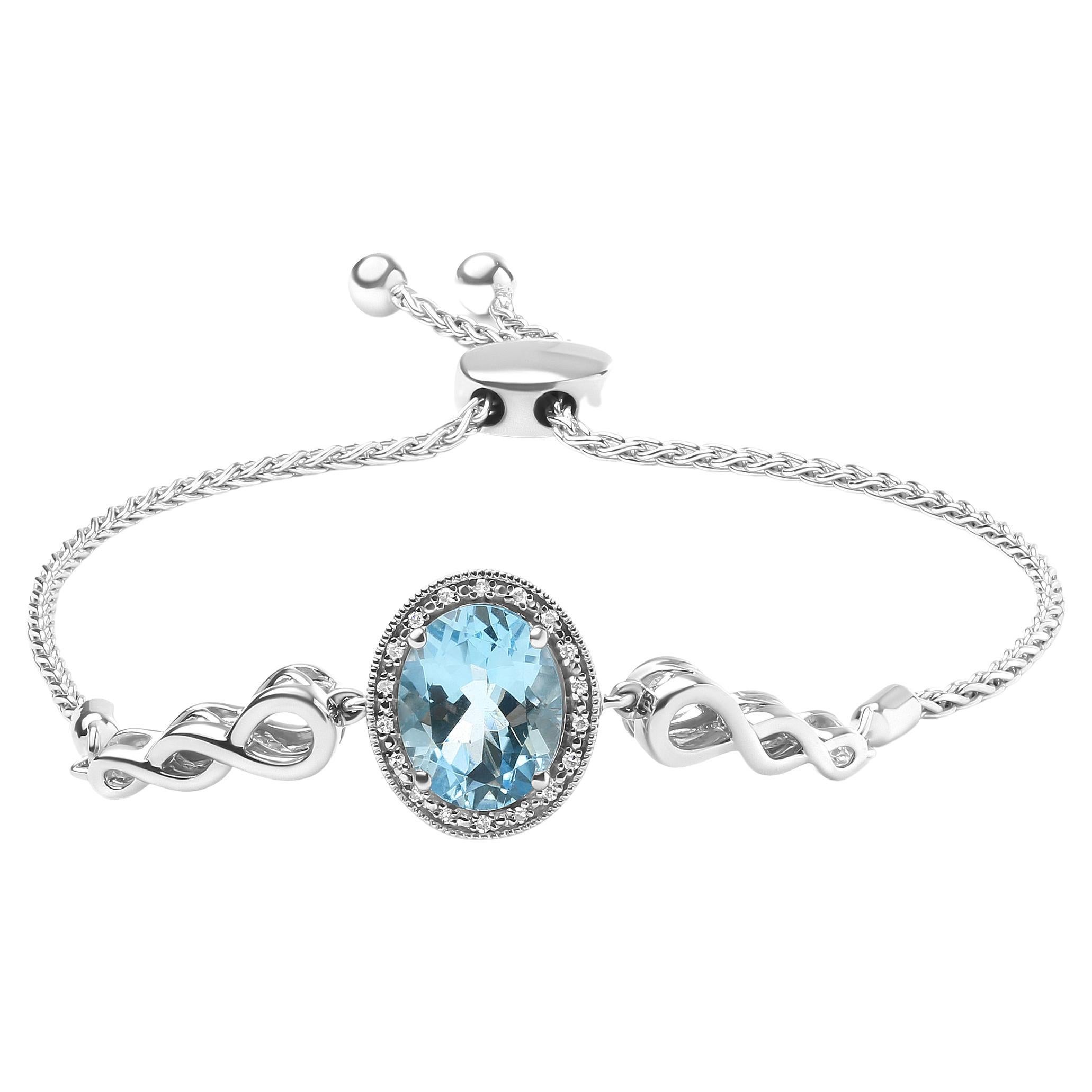 Sterling Silver Blue Topaz and Diamond Accent Lariat Adjustable Bolo Bracelet For Sale