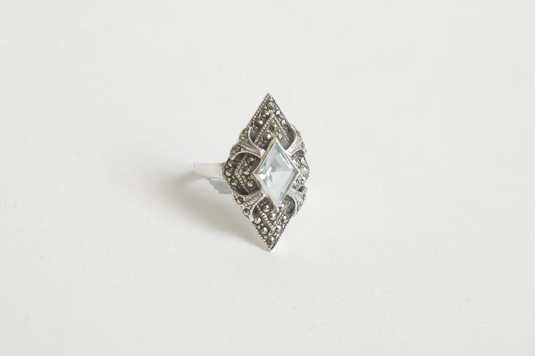Sterling Silver Blue Topaz and Marquisette Art Deco Ring For Sale at