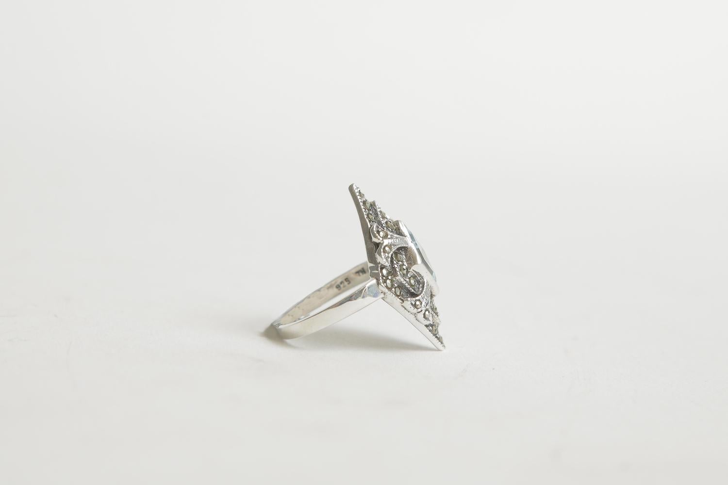 Antique Cushion Cut Sterling Silver Blue Topaz and Marquisette Art Deco Ring For Sale