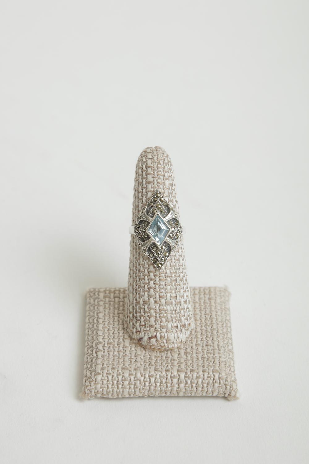 Sterling Silver Blue Topaz and Marquisette Art Deco Ring In Good Condition For Sale In North Miami, FL