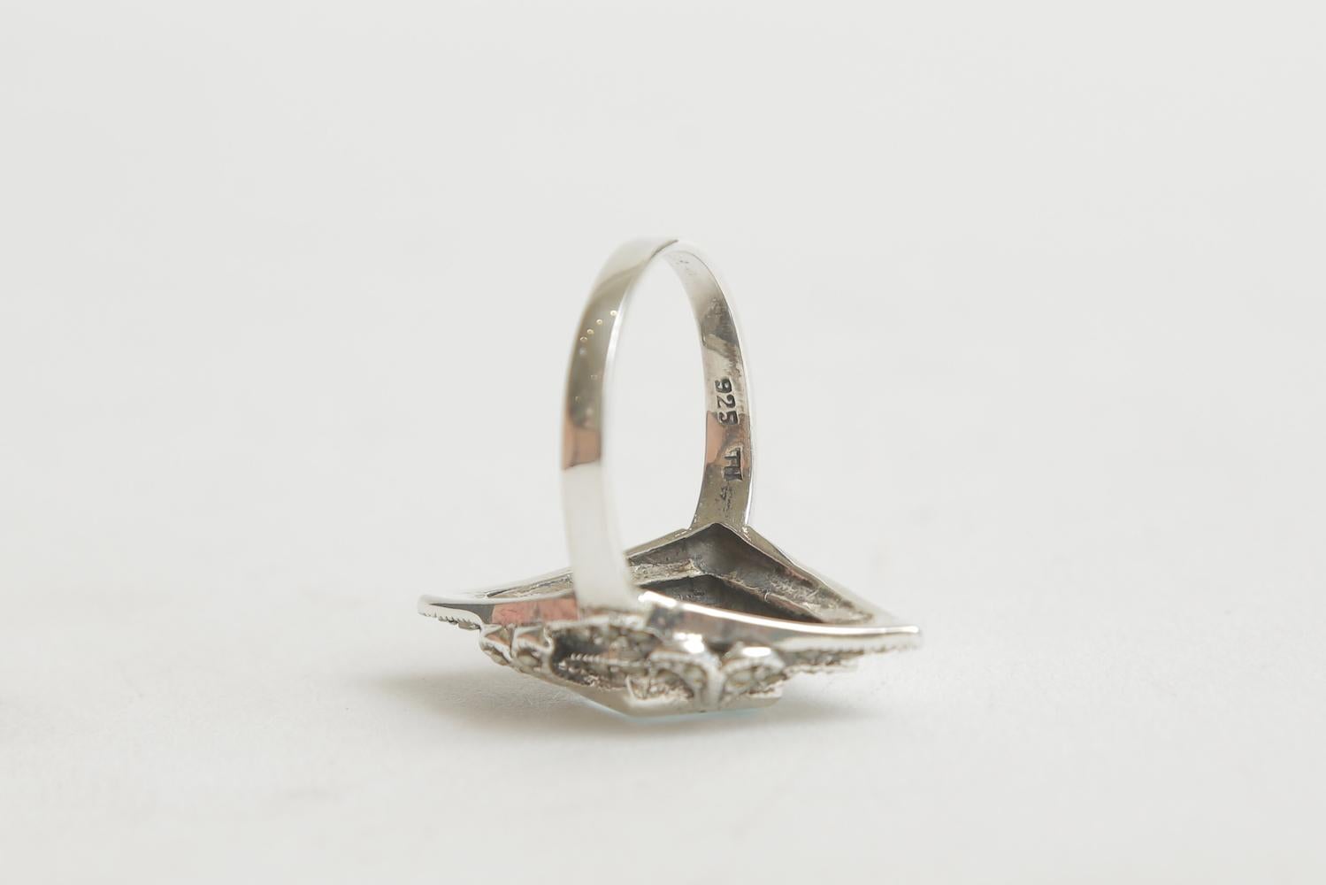 Women's Sterling Silver Blue Topaz and Marquisette Art Deco Ring For Sale