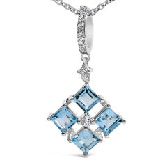 Sterling Silver Blue Topaz and White Sapphire Square Motif Pendant Necklace