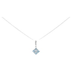 Sterling Silver Blue Topaz and White Sapphire Square Motif Pendant Necklace