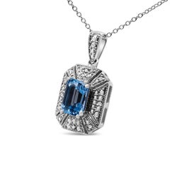 Sterling Silver Blue Topaz & Diamond Accent Art Deco Style Pendant Necklace