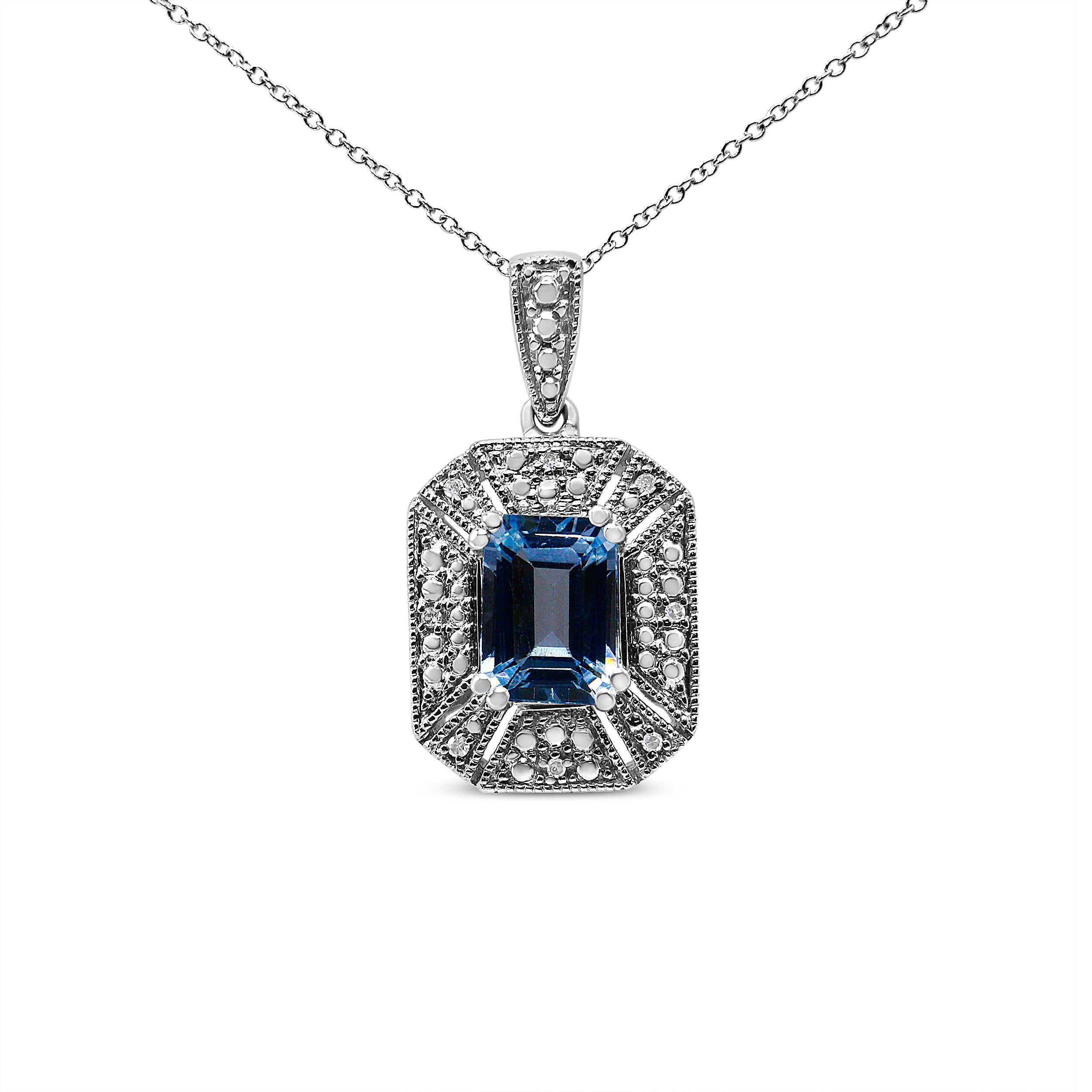 Contemporary Sterling Silver Blue Topaz & Diamond Accent Art Deco Style Pendant Necklace For Sale