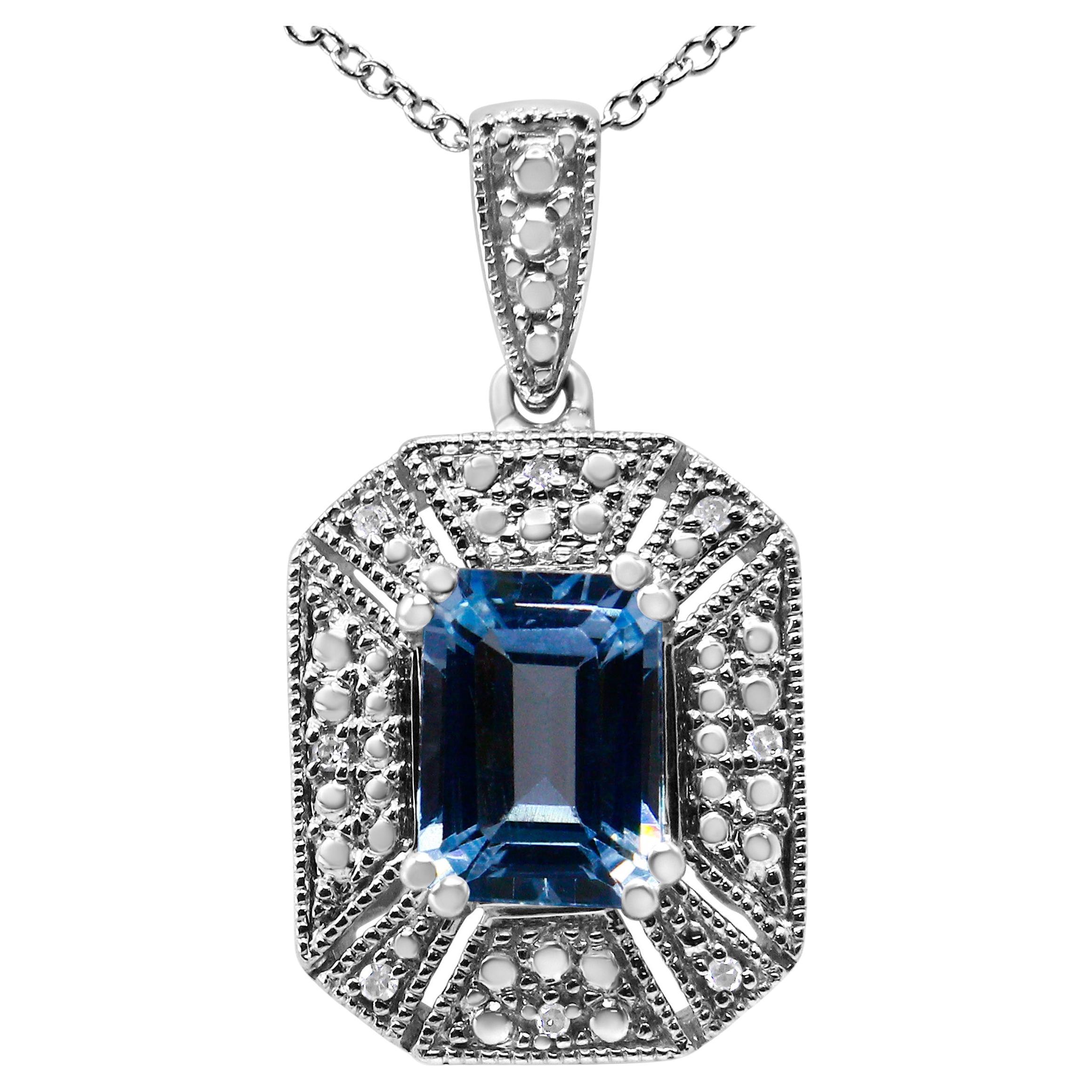 Sterling Silver Blue Topaz & Diamond Accent Art Deco Style Pendant Necklace For Sale