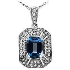 Collier pendentif de style Art déco en argent sterling avec topaze bleue et diamants