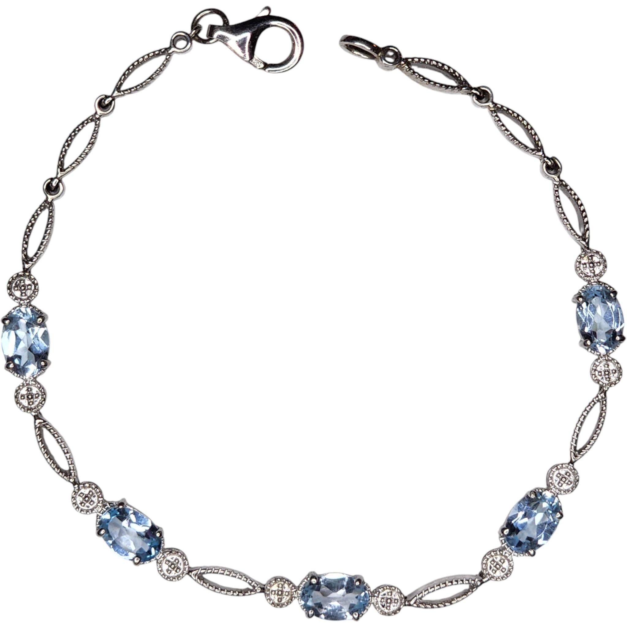 Sterling Silver Blue Topaz Link Bracelet with Marquise and Round Detailing