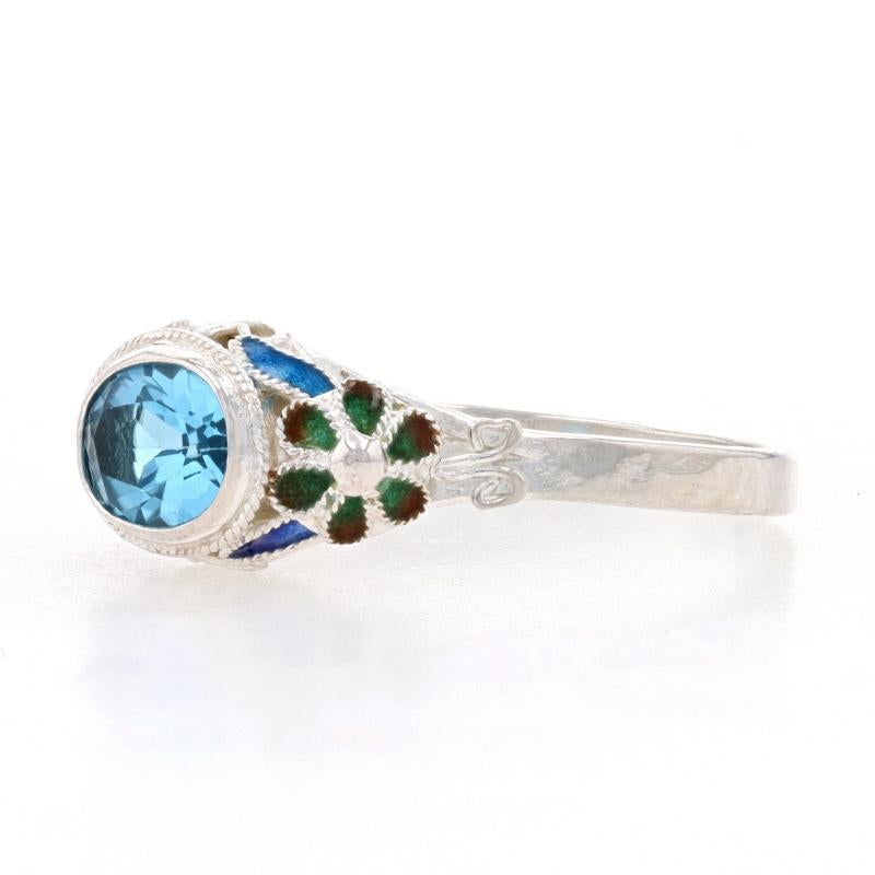 Sterling Silver Blue Topaz Solitaire Ring 925 Oval 1.20ct Floral East-West 7 3/4 In Excellent Condition For Sale In Greensboro, NC