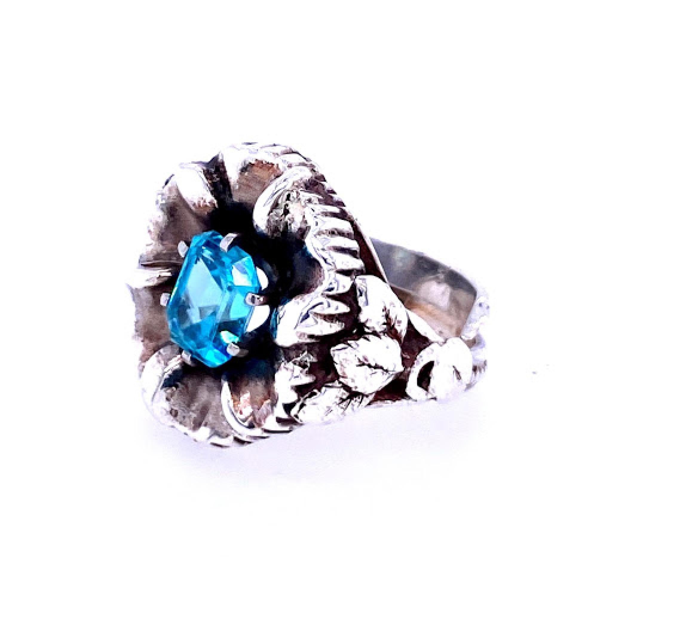 Emerald Cut Sterling Silver Blue Zircon Flower Ring