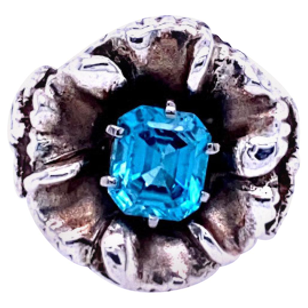 Sterling Silver Blue Zircon Flower Ring