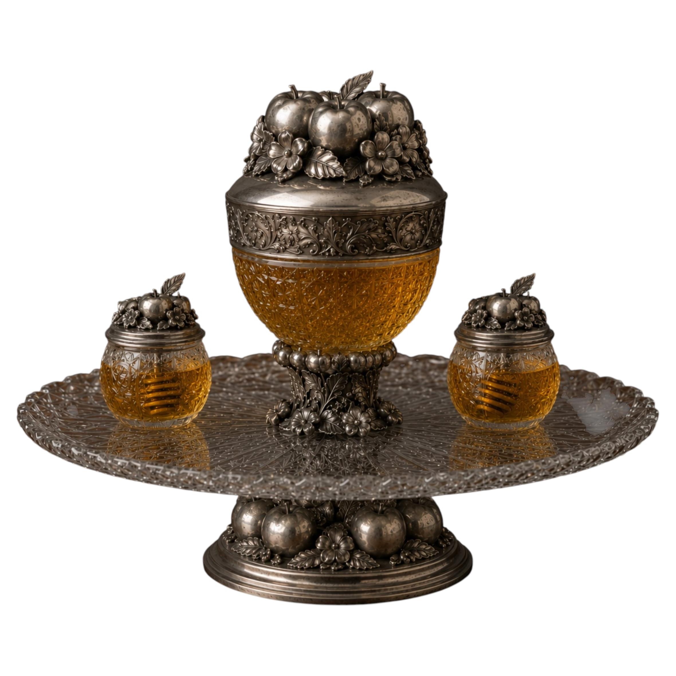 Sterling Silver & Bohemian Crystal Honey Serving Set, Centerpiece- Konforti For Sale