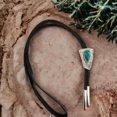 Sterling Silver Bolo Tie Tufa-Cast Kingman Turquoise with Coral Ends